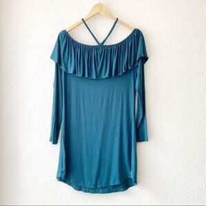 Chaser Teal Ruffle Open Shoulder Mini Dress M